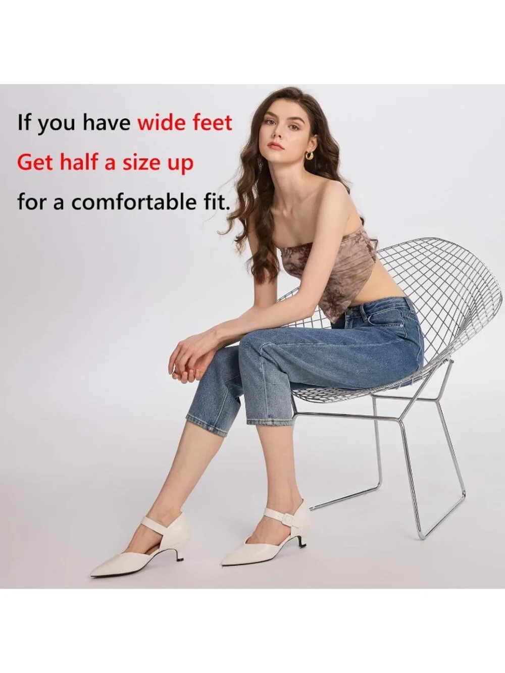 Women's White Closed Pointed Toe Ankle Strap Buckle Heels Slip on Low Heel Shoes